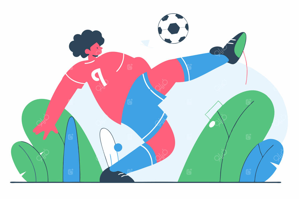 تصویرسازی فوتبالیست جوان در حال شوت کردن توپ با پس‌زمینه سفید