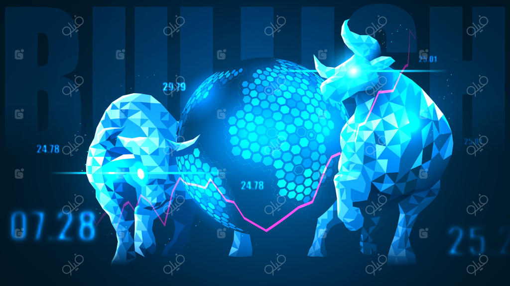 کانسپت آرت روند گاوی جهانی در ایده‌ای آینده‌نگر برای بازاریابی بورس یا سرمایه‌گذاری مالی