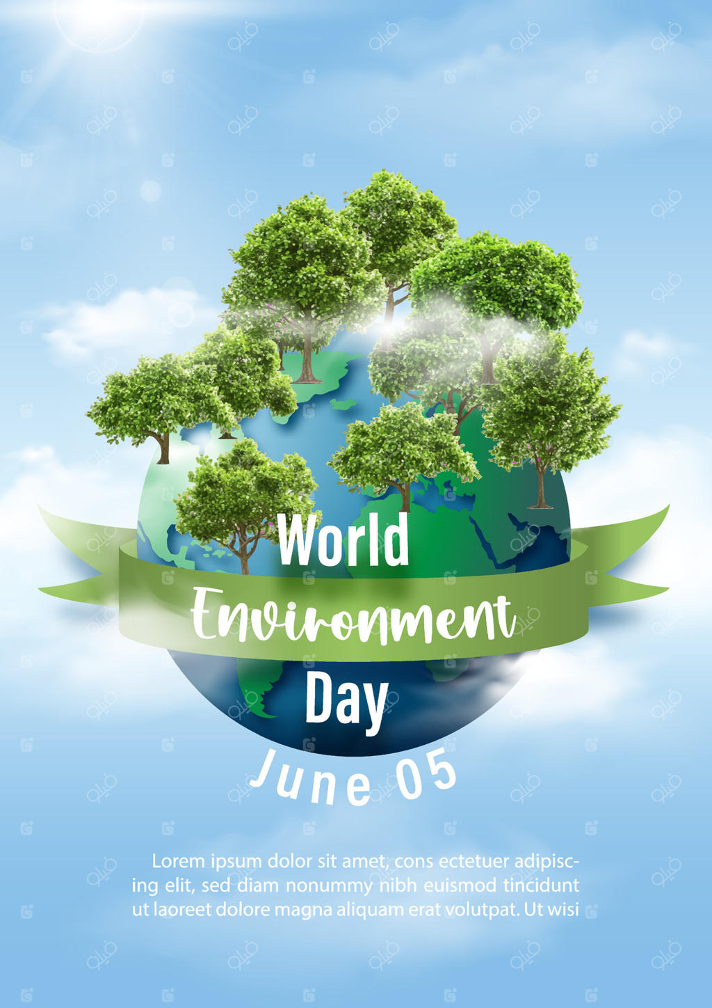 کمپین پوستر تصویرسازی روز جهانی محیط زیست با درختان واقعی و جهانی، متن رویداد روی روبان و نمونه‌ای از نوشته‌ها در پس‌زمینه آسمان آبی.