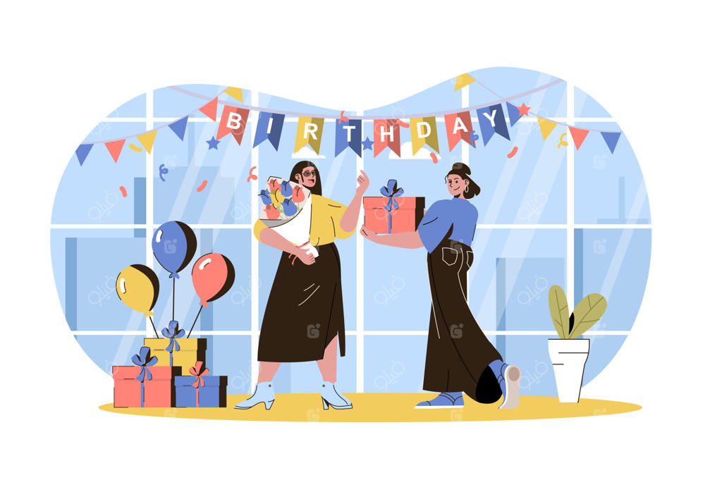 طرح وب جشن تولد: زنی به دوستش هدیه و دسته‌گل می‌دهد و با هم جشن می‌گیرند.