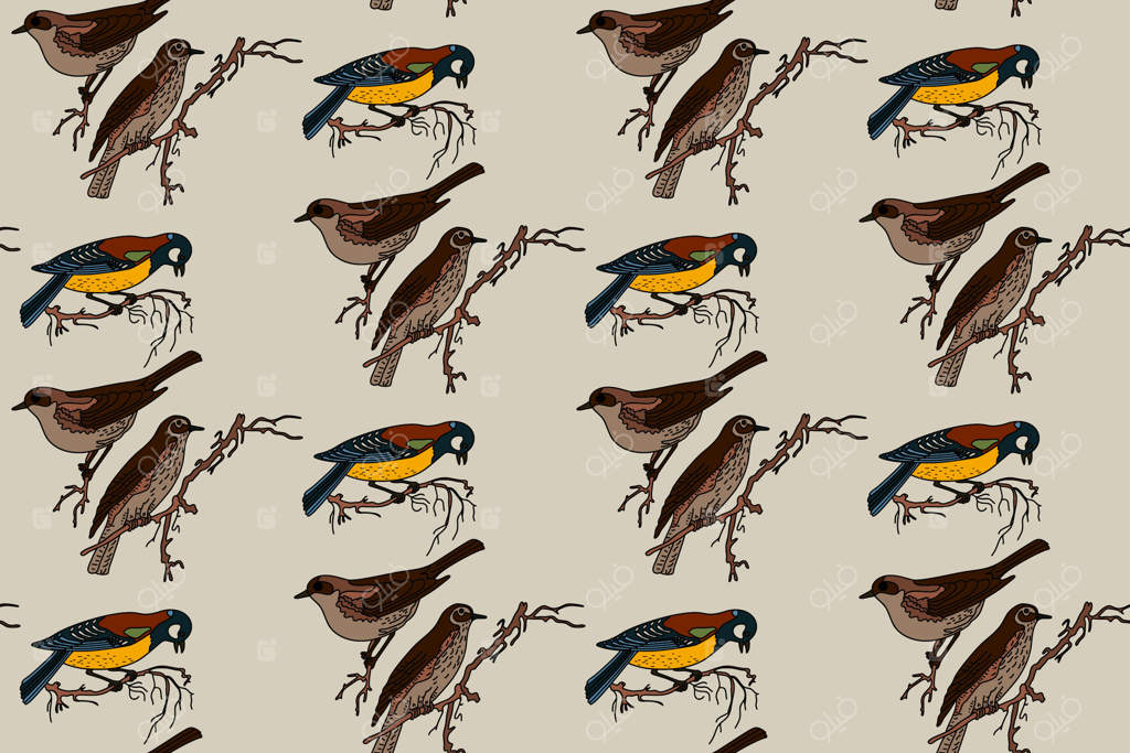 پترن انتزاعی گیاهی با تصویر پرندگان باغی: طرح تکراری و رنگارنگ پرندگان کارتونی روی زمینه بژ. طراحی گرافیکی برای پوشش مد، پارچه و کارت تولد.