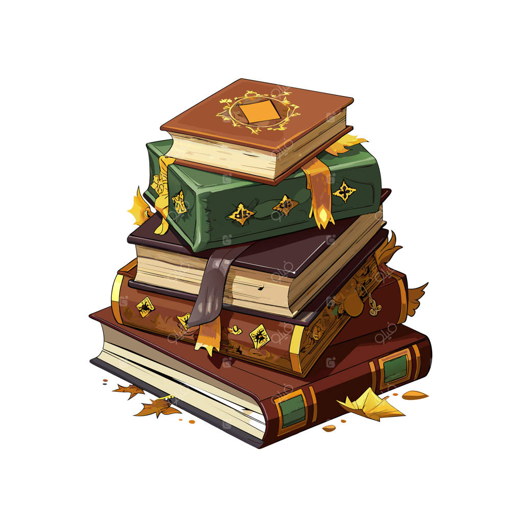 یک دسته کتاب با روبان طلایی در بالا