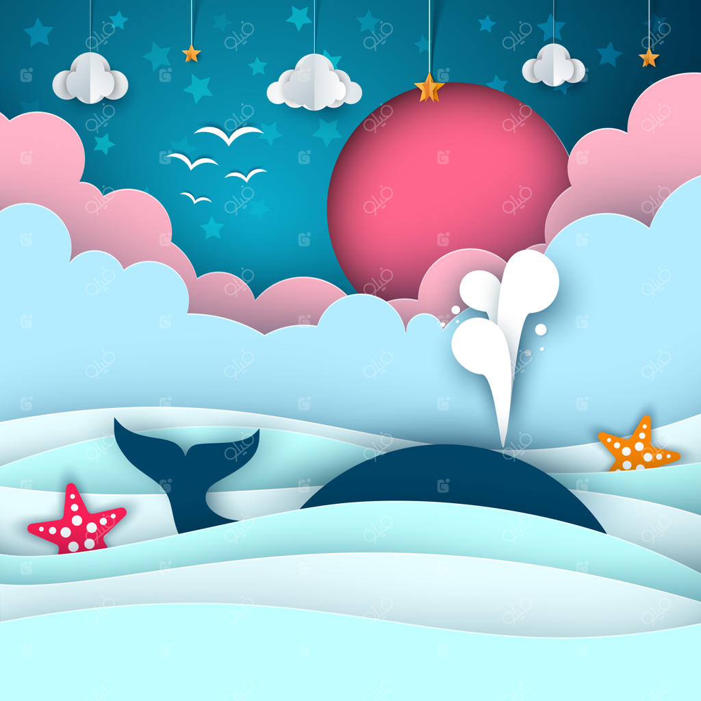 دریای کاغذی کارتونی: نهنگ، ابر، خورشید و ستاره
