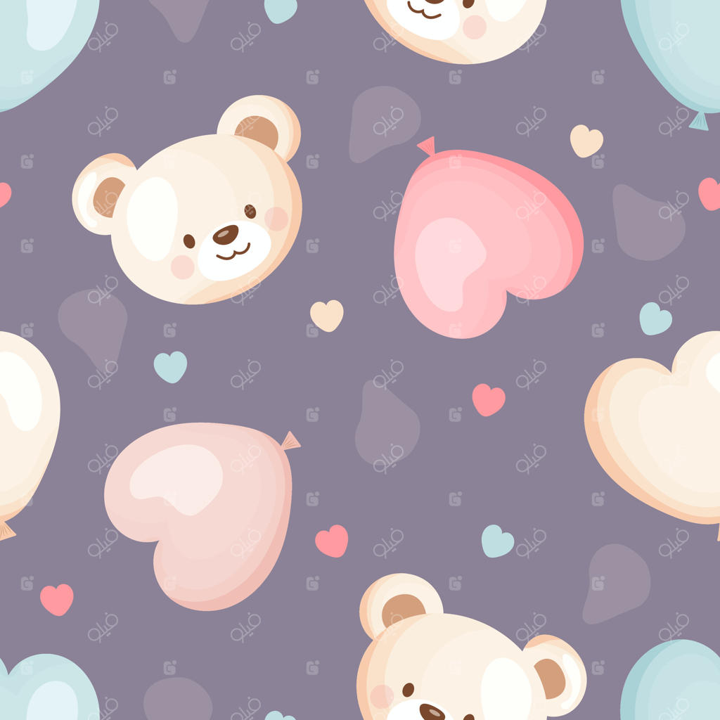 پترن یکپارچه با چهره‌های خرس عروسکی و بادکنک‌های قلبی روی زمینه‌ی یاسی کمرنگ