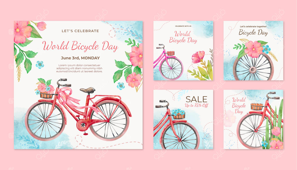 مجموعه پست‌های اینستاگرامی روز جهانی دوچرخه با طراحی آبرنگ