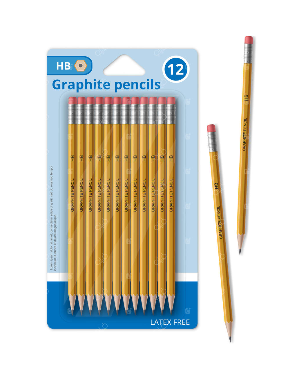 طرح مدادهای گرافیتی زرد با پاک‌کن برای مدرسه در بسته‌بندی، تصویر تبلیغاتی روی زمینه سفید