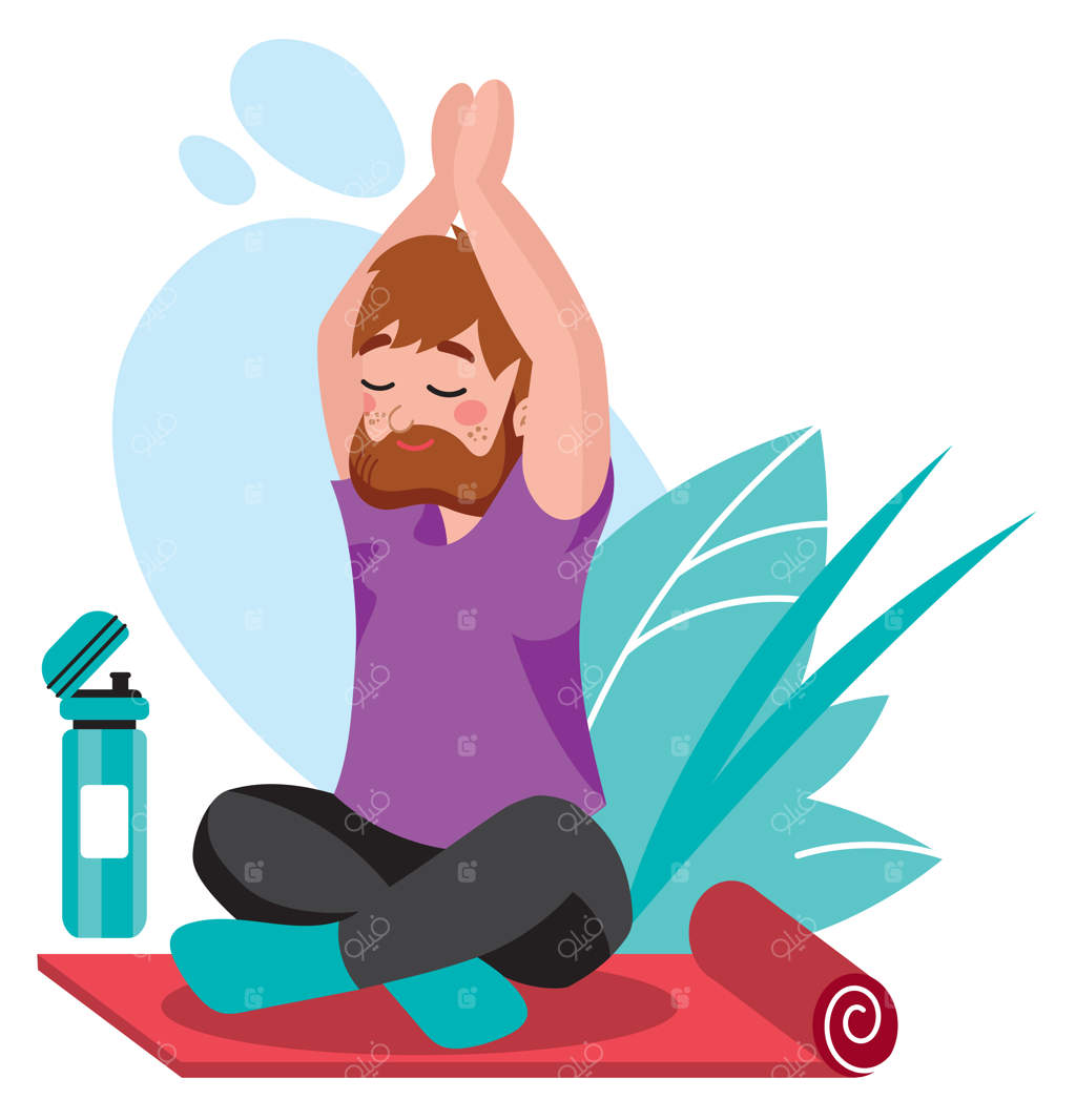 مرد ریش‌دار نشسته بر روی مت یوگا