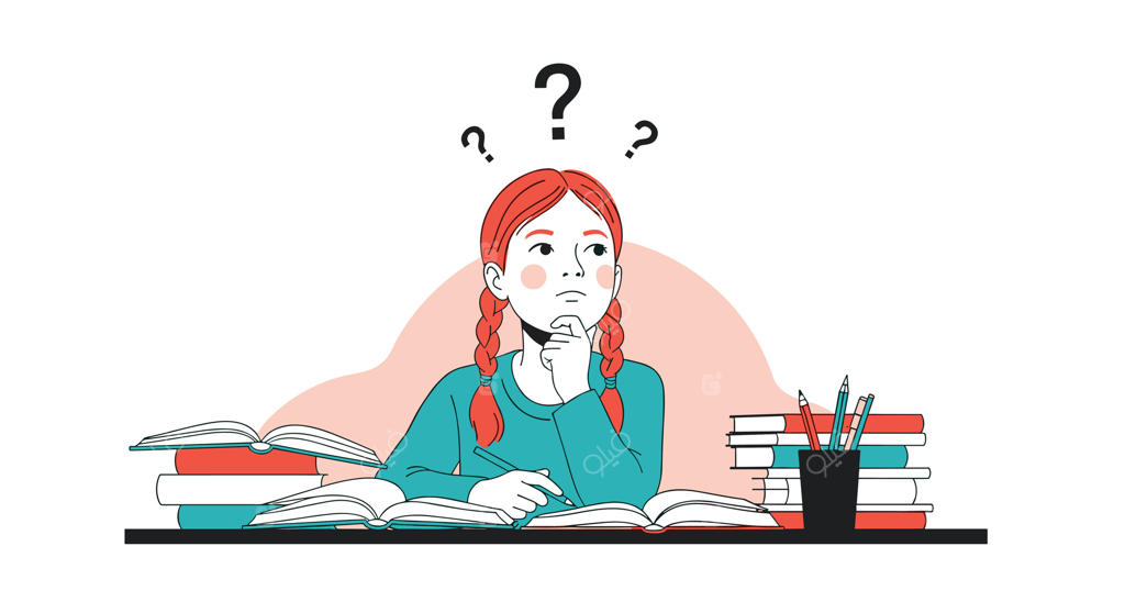 دختر جوان متفکر با موهای بافته در میان انبوه کتاب‌ها؛ غرق در تفکر با علامت‌های سوال بالای سر هنگام مطالعه