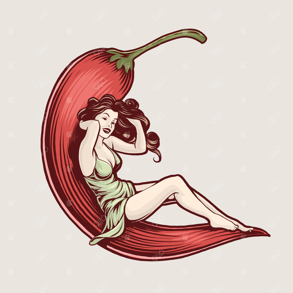 تصویر وینتیج دختر پین‌آپ بر روی فلفل قرمز