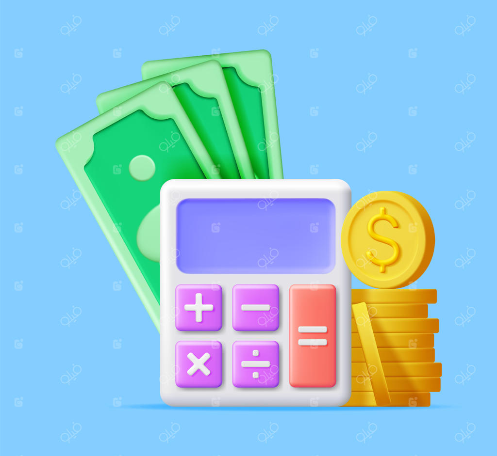 ماشین حساب سه‌بعدی مدرن با سکه‌ها و اسکناس‌های طلایی