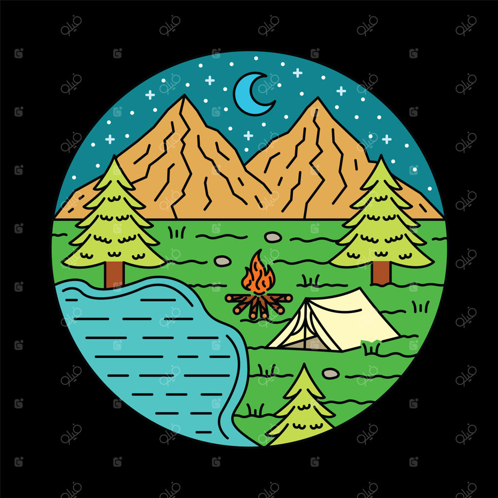 طرح تیشرت: تصویرسازی گرافیکی از کمپینگ در طبیعت آرام شبانه