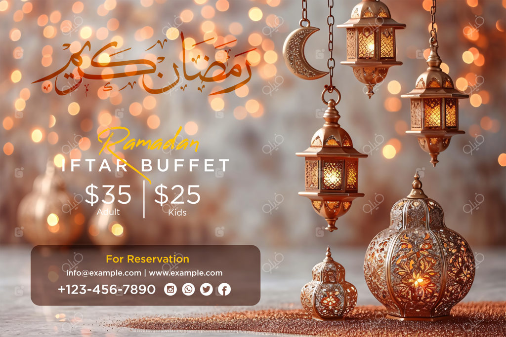 بنر جشن افطار و رمضان کریم با نقوش سنتی عربی و فانوس طلایی زیبا