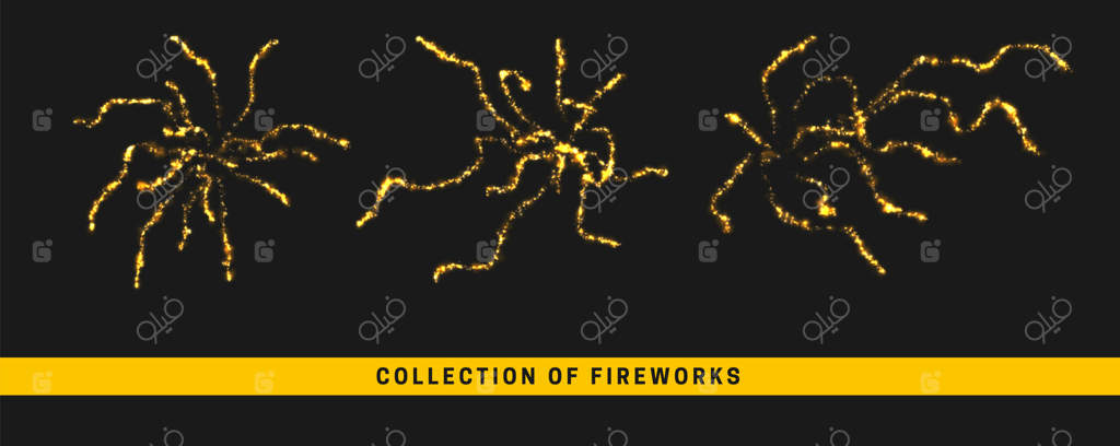 آتش‌بازی طلایی جشن را ترتیب دهید. جلوه نور طلایی در پس‌زمینه سیاه. طراحی واقعی. تصویر برداری وکتور.