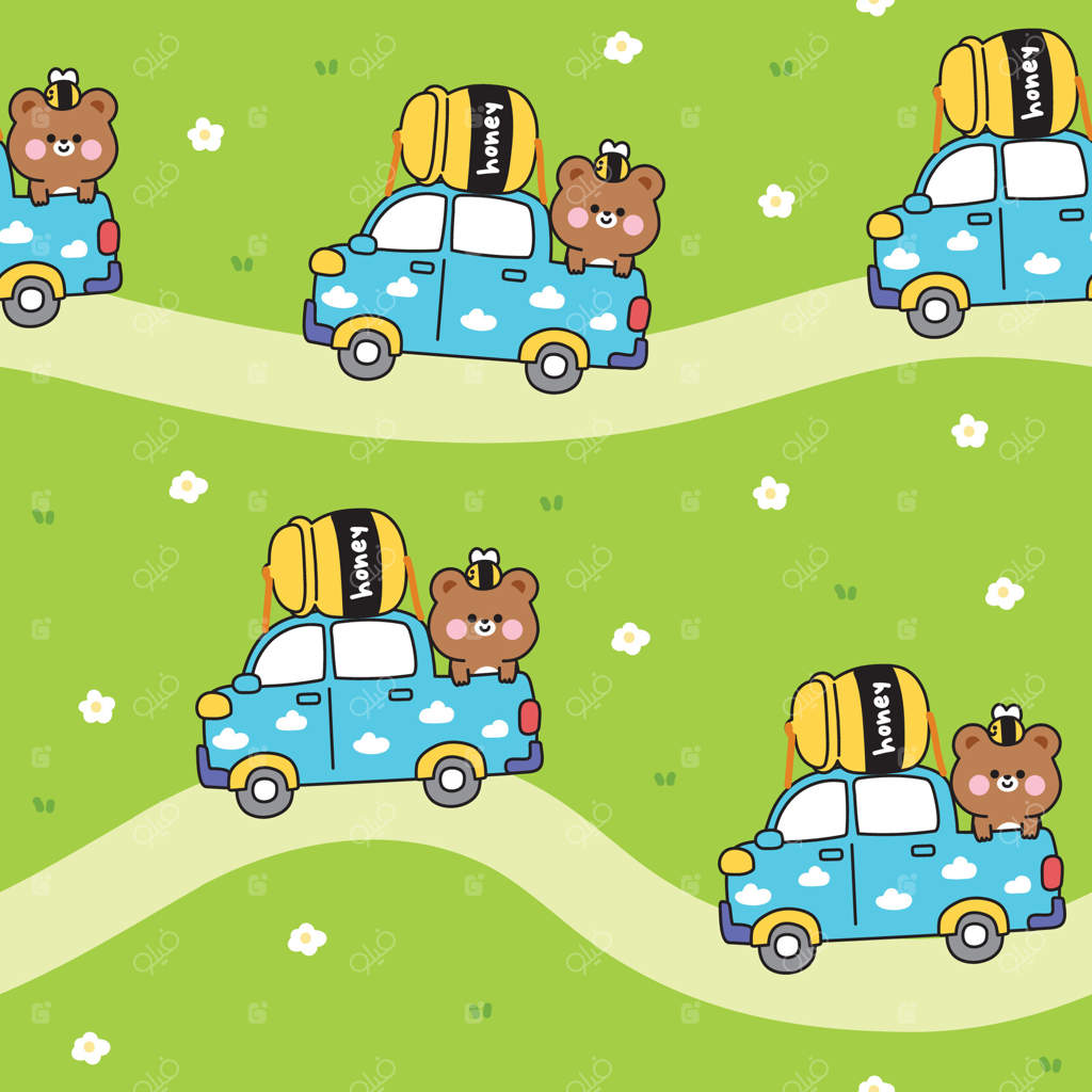 پترن یکپارچه‌ای از خرس عروسکی بامزه بر روی وانت در باغ گلی. پس‌زمینه عسل و زنبور. وسیله نقلیه و شخصیت کارتونی حیوان وحشی. کاوایی.