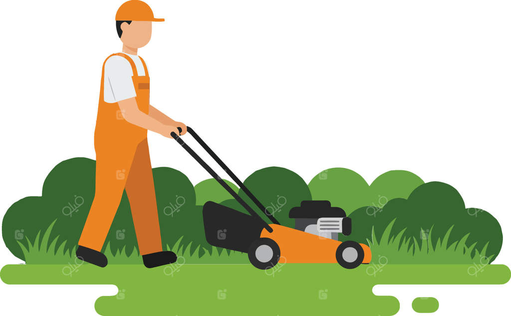 باغبانی با لباس نارنجی در حال چمن زنی در یک تصویر ساده و تمیز