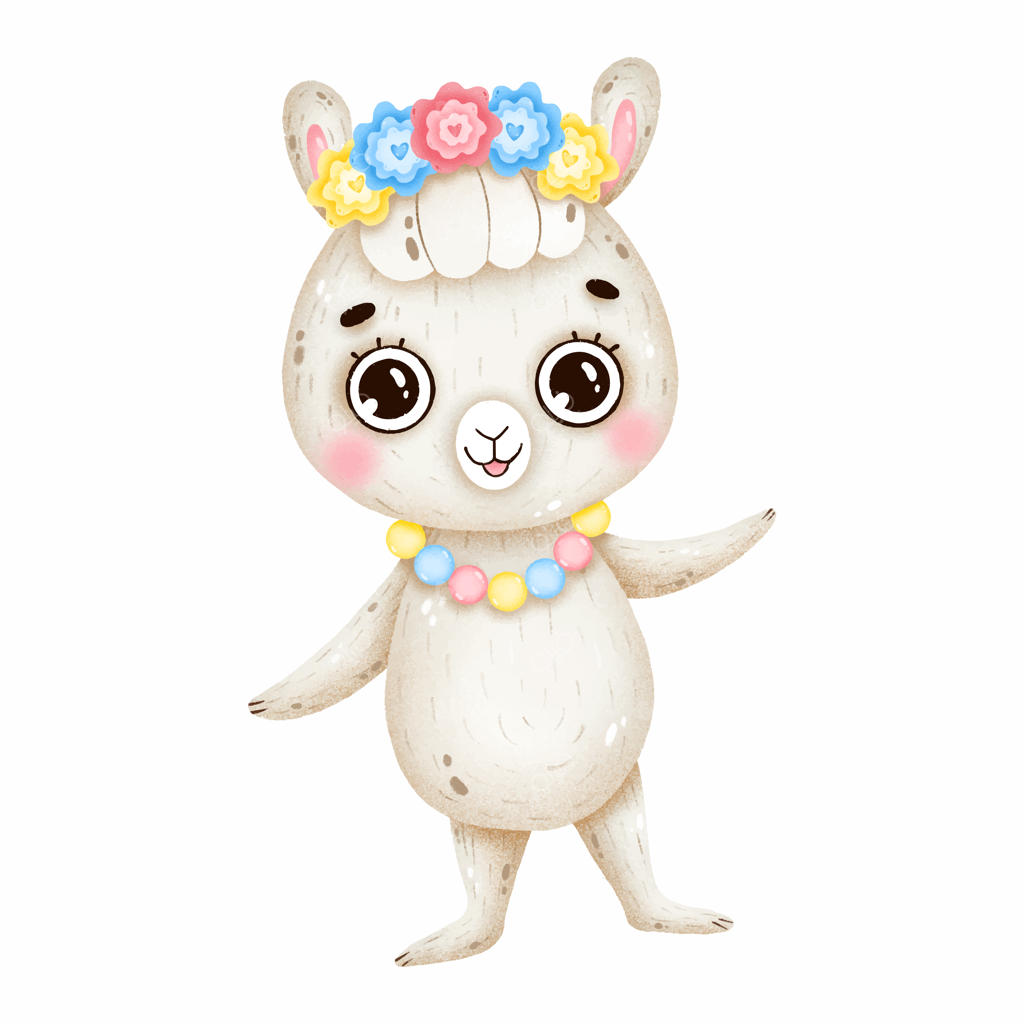 لامای زیبا و مکزیکی با گل‌های روی سر در پس‌زمینه سفید