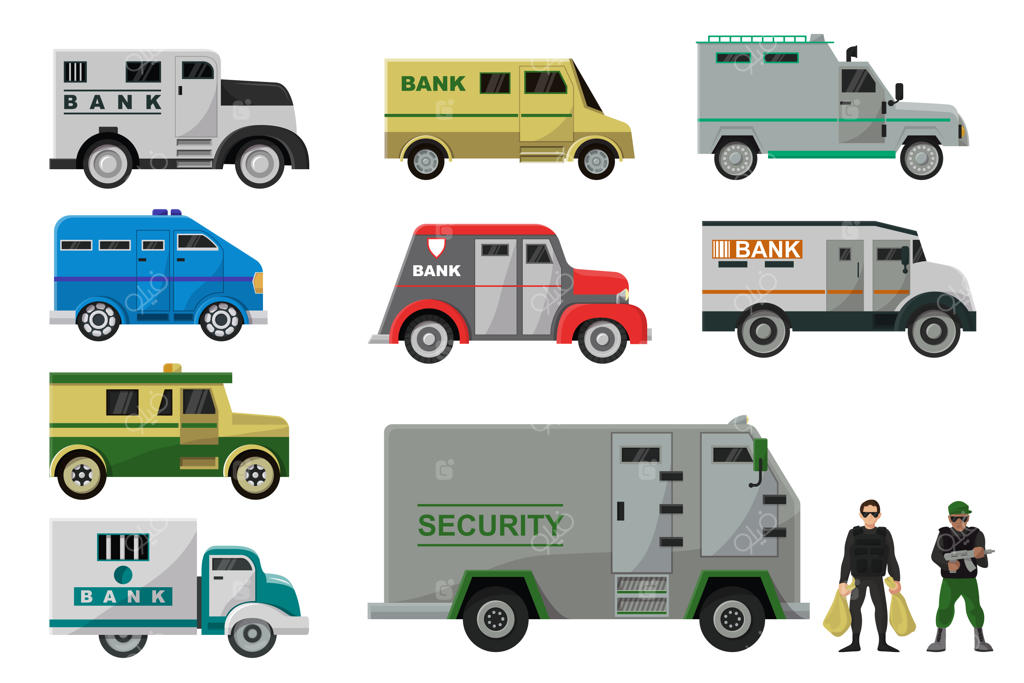 مجموعه آیکون خودرو زره‌پوش: تصویرسازی حمل‌ونقل و امنیت پول با ون بانک، شخصیت‌هایی با جلیقه ضدگلوله و کامیون‌های زرهی