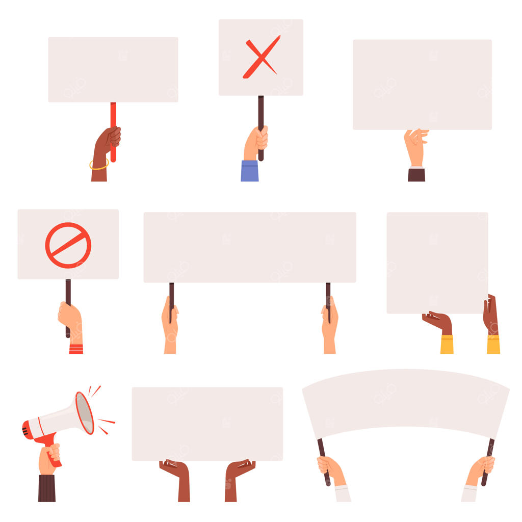 بنرهای معترضان. دستانی که تابلوهای خالی را نگه‌ داشته‌اند. تظاهرات جمعیتی و درگیری معترضان. تصویرگری آزادی و اعتراض.