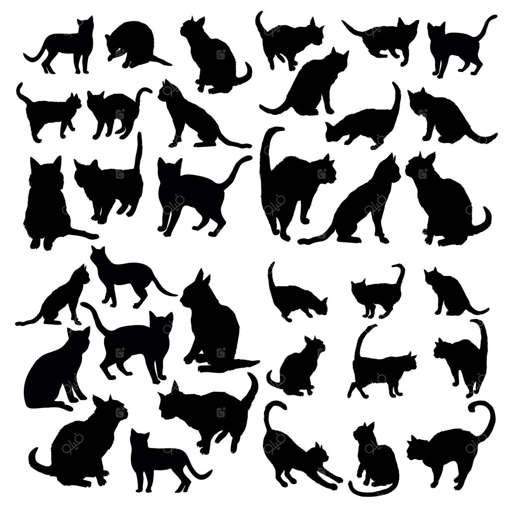 مجموعه وکتور سیلوئت گربه در حالت‌های مختلف ایستاده، نشسته و در حال پرش، رنگ مشکی و ایزوله در پس‌زمینه سفید