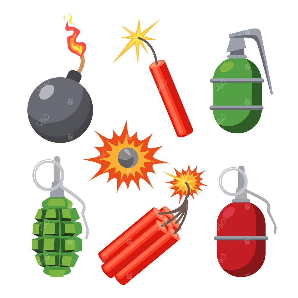 مجموعه‌ای از تصاویر وکتوری بمب‌ها و نارنجک‌ها. مجموعه‌ای از طرح‌های کمیک دینامیت‌های شعله‌ور و سلاح‌های انفجاری. مفهوم جنگ، تروریسم، خطر و ویرانی.