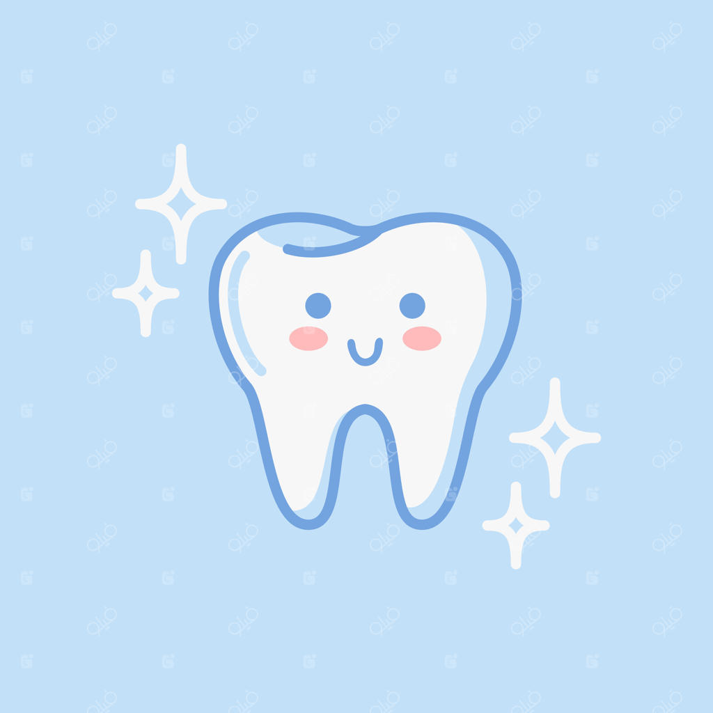 دندان؛ شخصیت‌های کارتونی بامزه به سبک کاوایی. عضو سالم دستگاه گوارش. تصویرسازی به سبک فلت (تخت). مشکلات سلامتی. مناسب برای استیکر، کتاب، المان طراحی و قالب بروشور پزشکی.