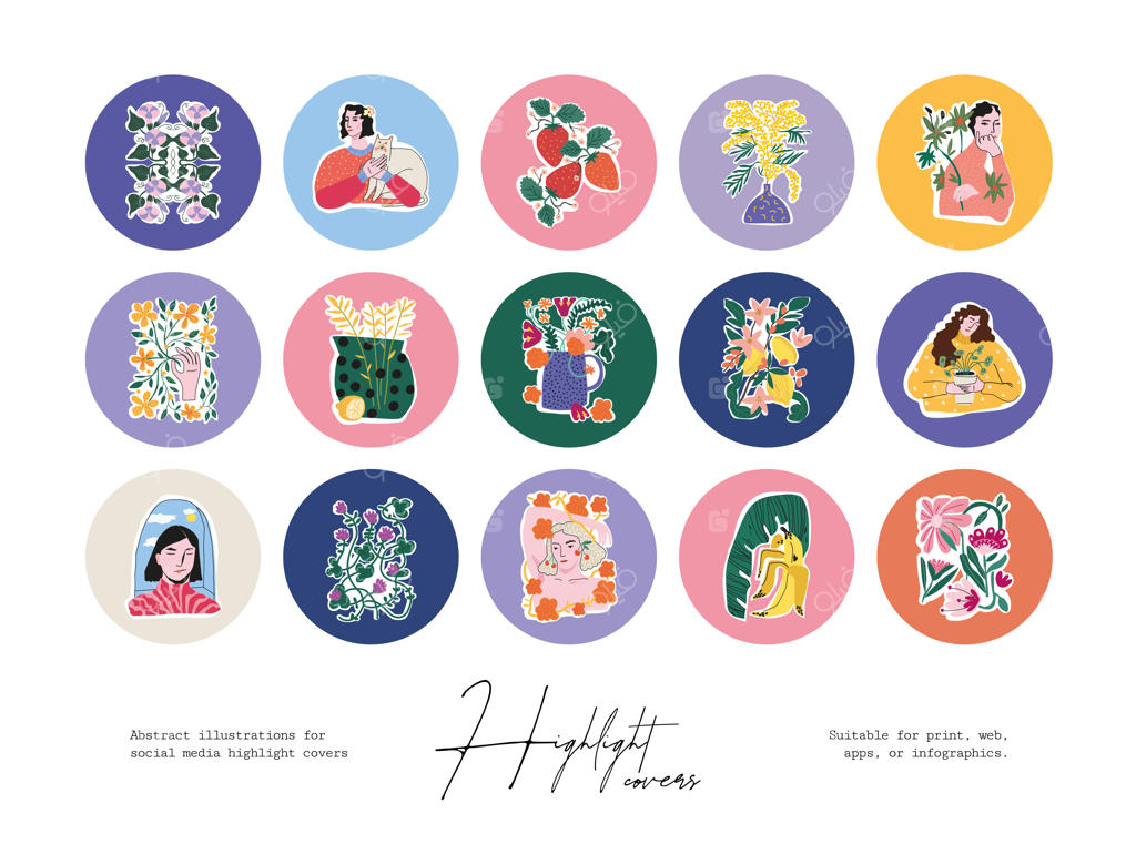 مجموعه‌ای از طرح‌های خطی دست‌کشیده به سبک بوهو برای داستان‌های برجسته در شبکه‌های اجتماعی