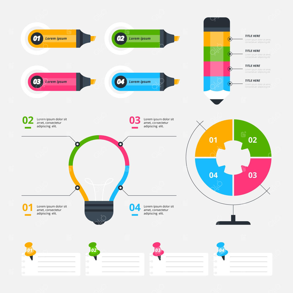 عناصر اینفوگرافیک مدرسه با نشانگرهای رنگی