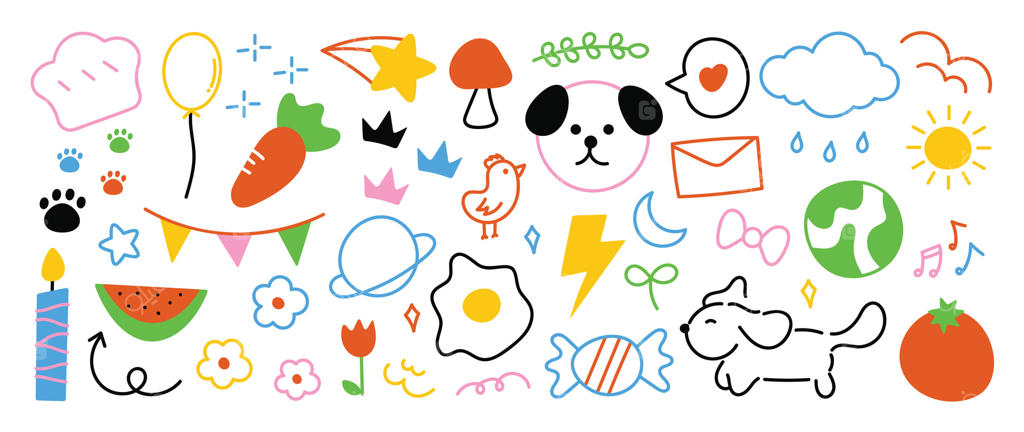 مجموعه‌ای از طرح‌های خطی بامزه و رنگارنگ: مجموعه‌ای از طراحی‌های دستی شامل فلش، حباب گفت‌وگو، تاج، گل، نقاشی‌های خط‌خطی، خرگوش و خرس. مناسب برای تزیینات، استیکر، پوستر و طرح‌های کودکانه.