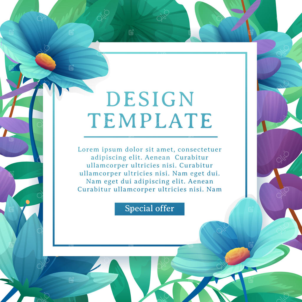 قالب طراحی بنر با تزئینات گل. قاب مربعی همراه با تزیین گل‌ها، برگ‌ها و شاخه‌ها.