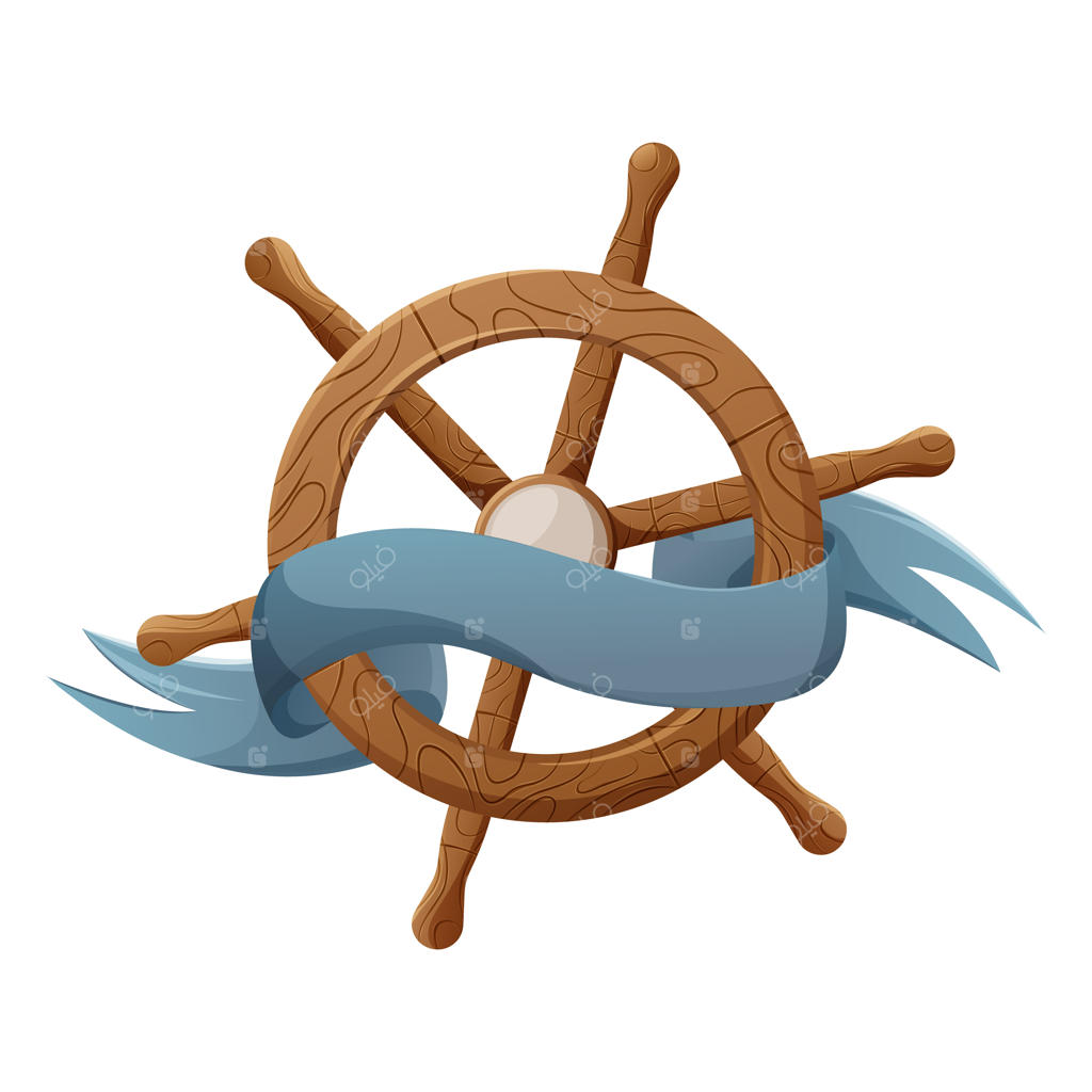 تصویر چرخ فرمان کشتی چوبی با روبان برای متن، برداری بر روی پس‌زمینه‌ای جدا