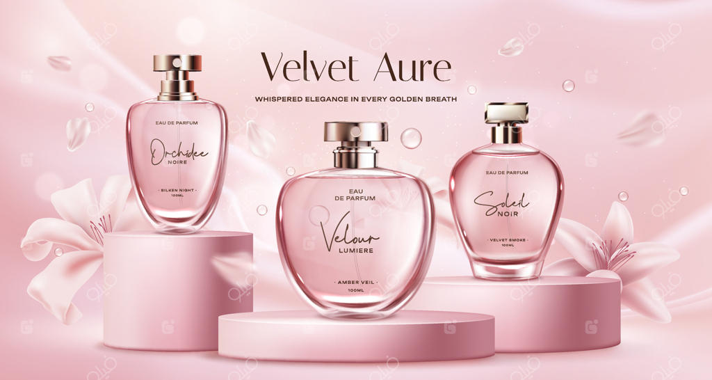 ترکیب تبلیغاتی واقع‌گرایانه برای بطری‌های عطر لوکس