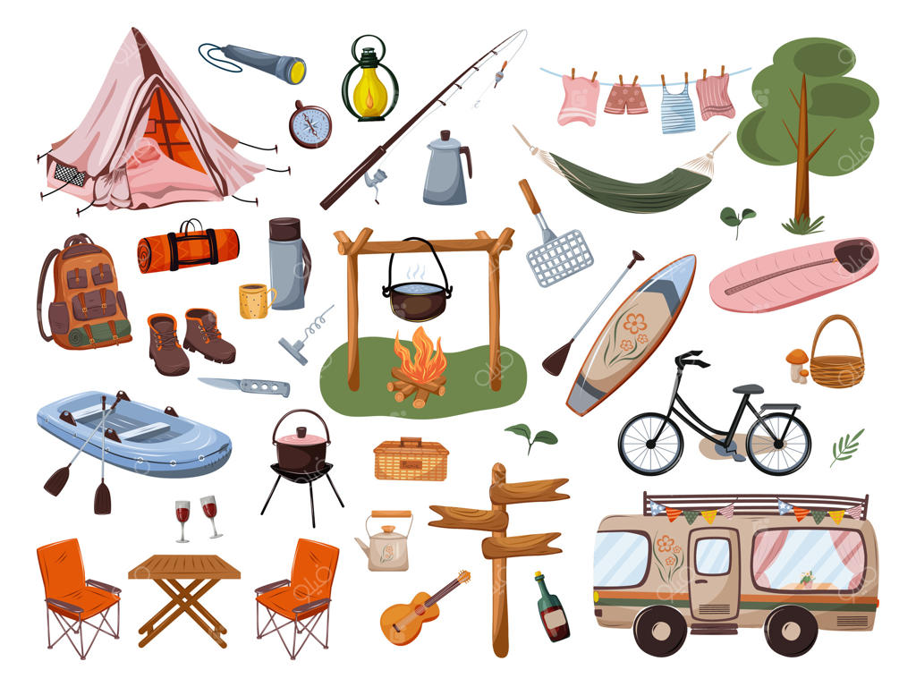 ست کمپینگ زیبا: تجهیزات و حمل‌ونقل برای اردوی تابستانی یا کوهنوردی. تصویرسازی بر روی زمینه سفید.