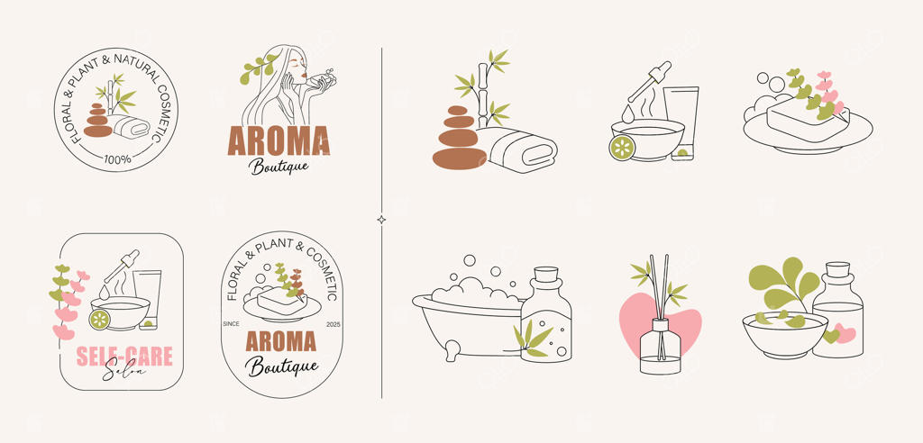 لوگوهای مینیمال رایحه‌درمانی و عناصر اسپا برای برندهای زیبایی ارگانیک