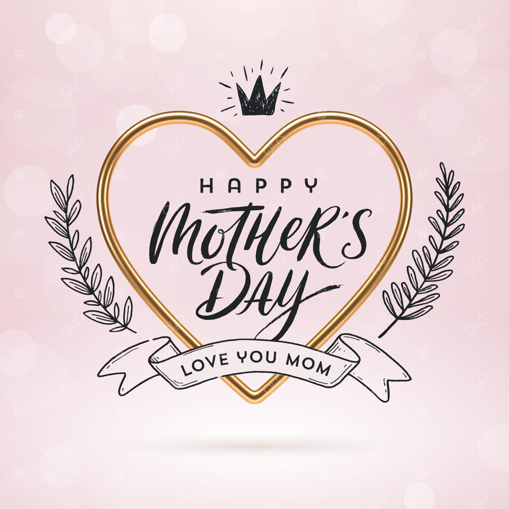 کارت تبریک روز مادر: قاب قلبی طلایی و عناصر دست‌ساز.