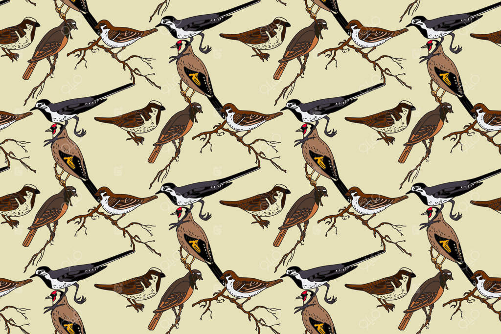 پترن گیاهی انتزاعی با تصویر پرندگان باغ. پترن کارتونی رنگارنگ پرندگان بر روی پس زمینه بژ. طراحی گرافیکی برای پارچه مد و چاپ تولد