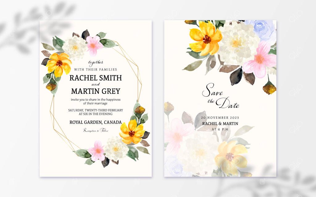 مجموعه دعوتنامه عروسی با طرح گل‌های رنگارنگ آبرنگی