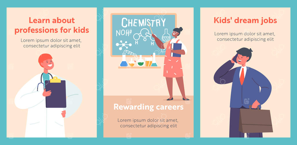 بنرهای کارتونی حرفه‌های کودکان: دکتر، دانشمند، معلم یا تاجر شخصیت‌ها - انتخاب شغل توسط کودکان
