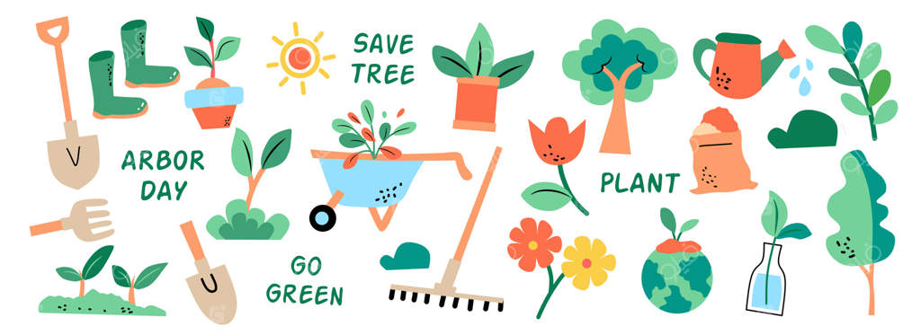 مجموعه‌ای از عناصر روز درختکاری: گرافیک با طراحی دستی و نقاشی گل‌ها، درخت، ابزار باغبانی. نمادهای باغبانی روی پس‌زمینه سفید. مجموعه‌ای از طرح‌ها برای استفاده در طراحی.