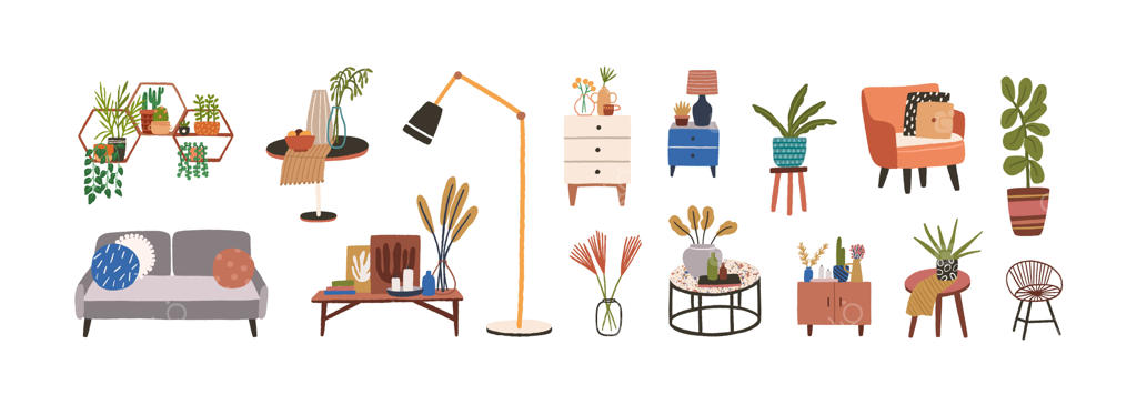 مجموعه‌ای از تصاویر تخت مبلمان و عناصر دکور. کلکسیونی از تزئینات خانگی برای ایجاد فضایی دلنشین در دکوراسیون داخلی. کمد شیک، مبل راحتی، گیاه آپارتمانی، صندلی و میز.