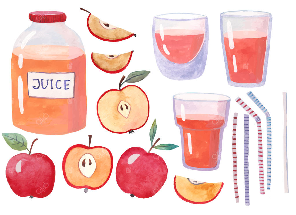 آب سیب در لیوانی با حلقه‌ای از سیب‌های قرمز و برگ‌های سبز، جدا شده از پس‌زمینه