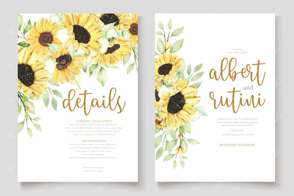 کارت دعوت با طرح آبرنگی گل آفتابگردان