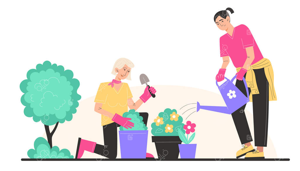 کاشت و آبیاری گل‌ها در باغ توسط مادربزرگ و نوه‌اش