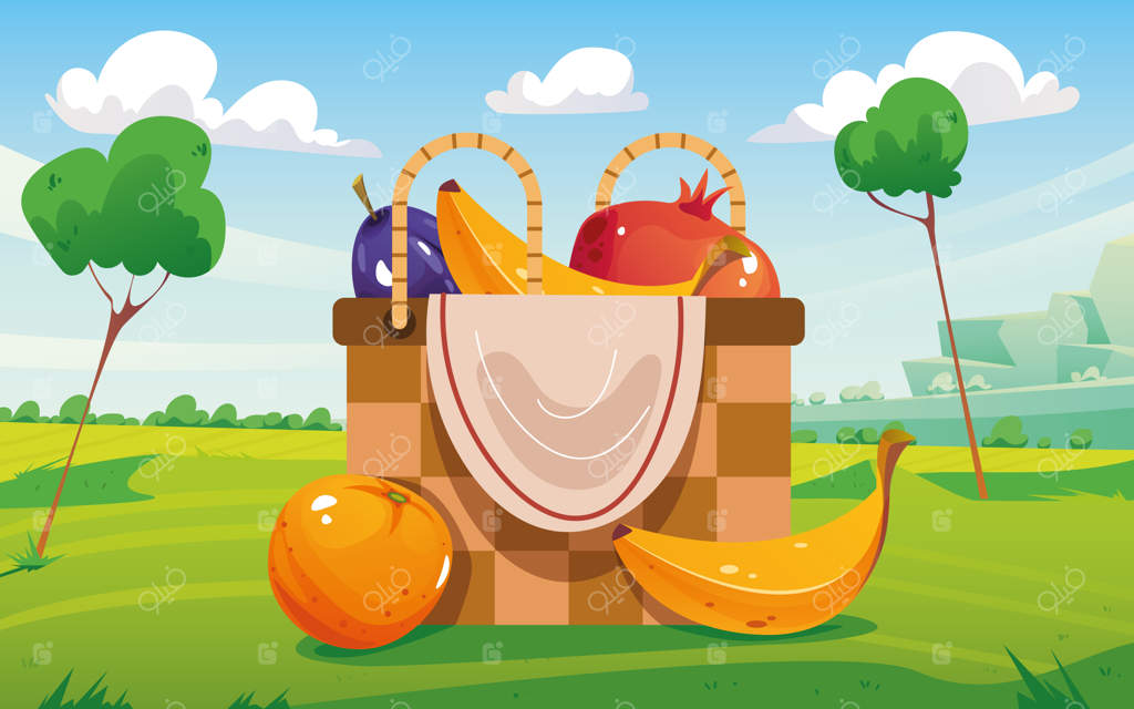 سبد میوه در یک دشت جنگلی - طراحی گرافیکی پیک‌نیک