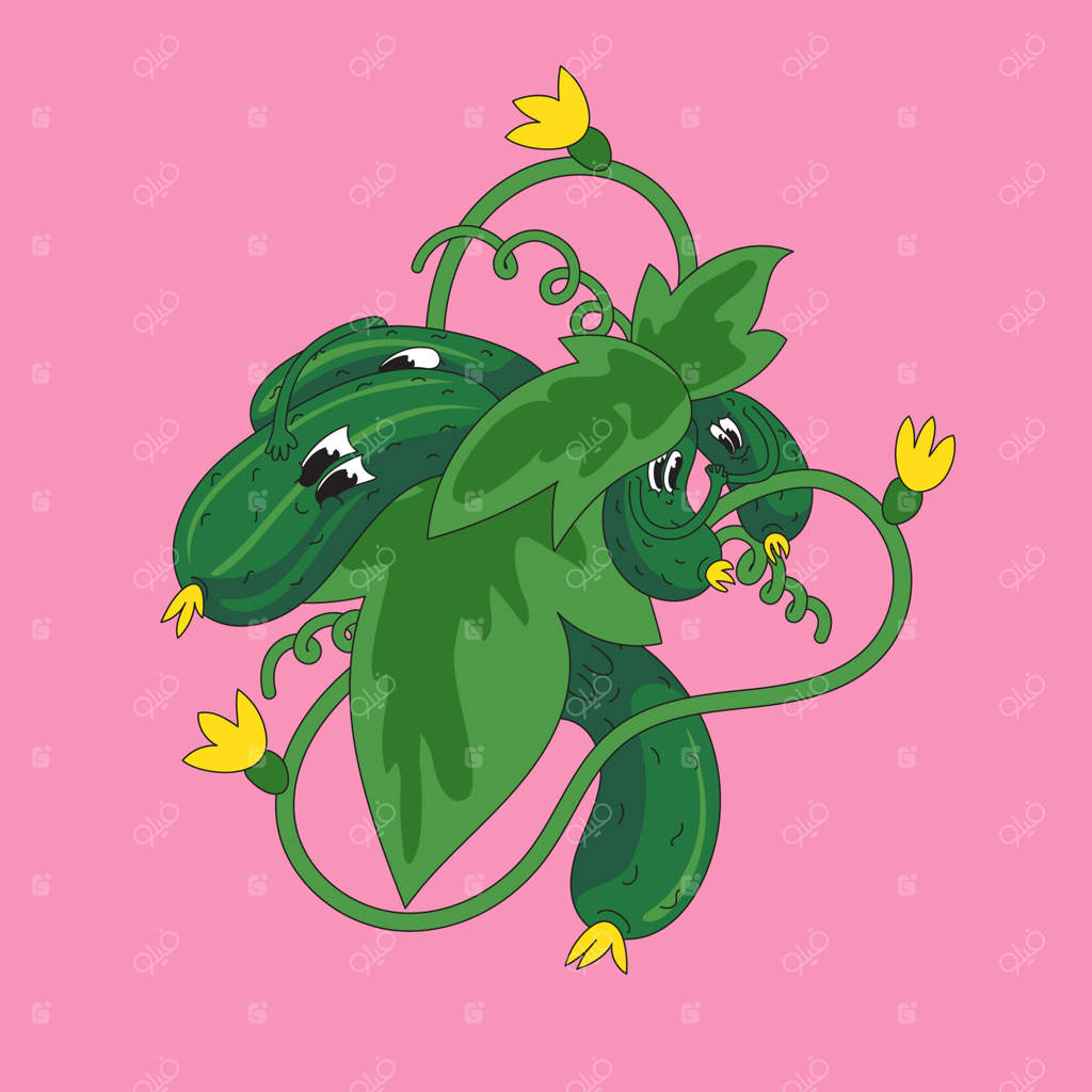 شخصیت‌های بانمک سبزیجات: خانواده‌ی خیار کارتونی - نمادهای جذاب بر پس‌زمینه‌ی آبی