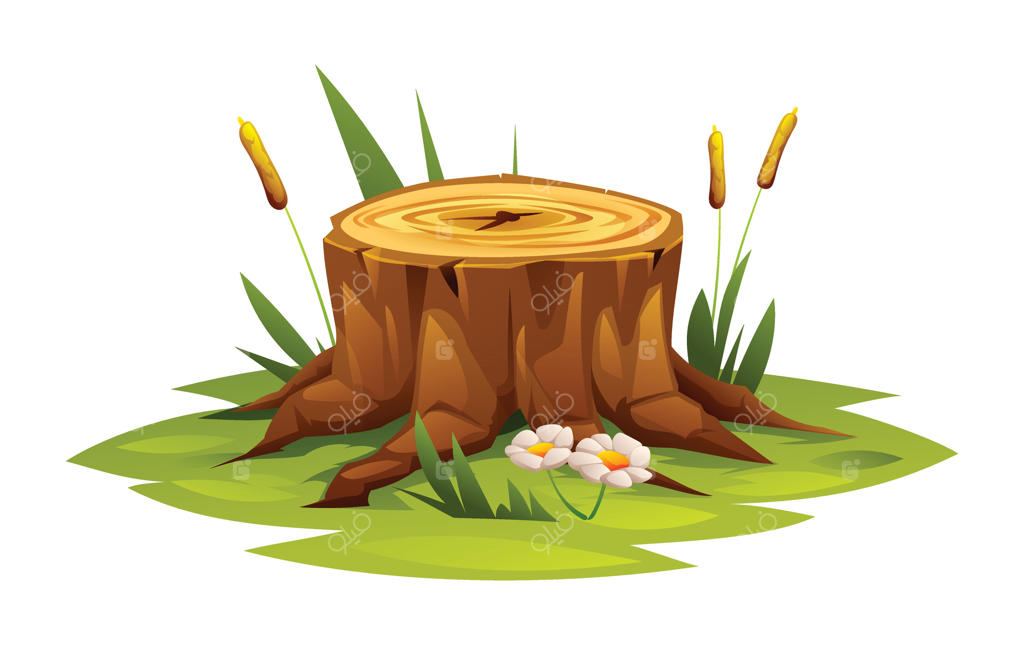 تنه درخت محاصره شده با چمن، گل‌ها و جگن‌ها در یک منظره طبیعی. تصویرسازی کارتونی