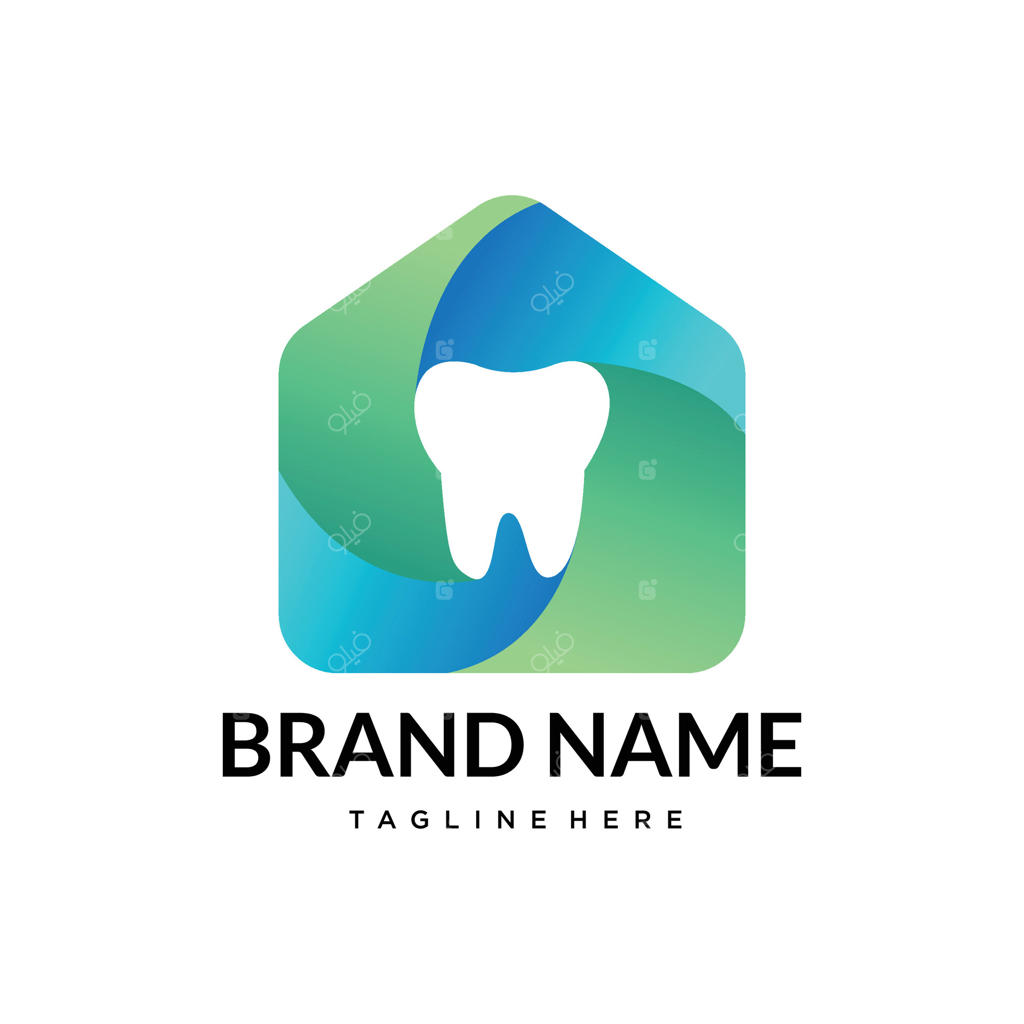 لوگوی دندان در خانه با رنگ سبزآبی، نماد برندسازی دندانپزشکی، مراقبت خانگی و تندرستی