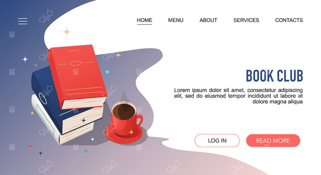 پترن صفحه فرود کتابخانه آنلاین با کتاب‌ها و قهوه