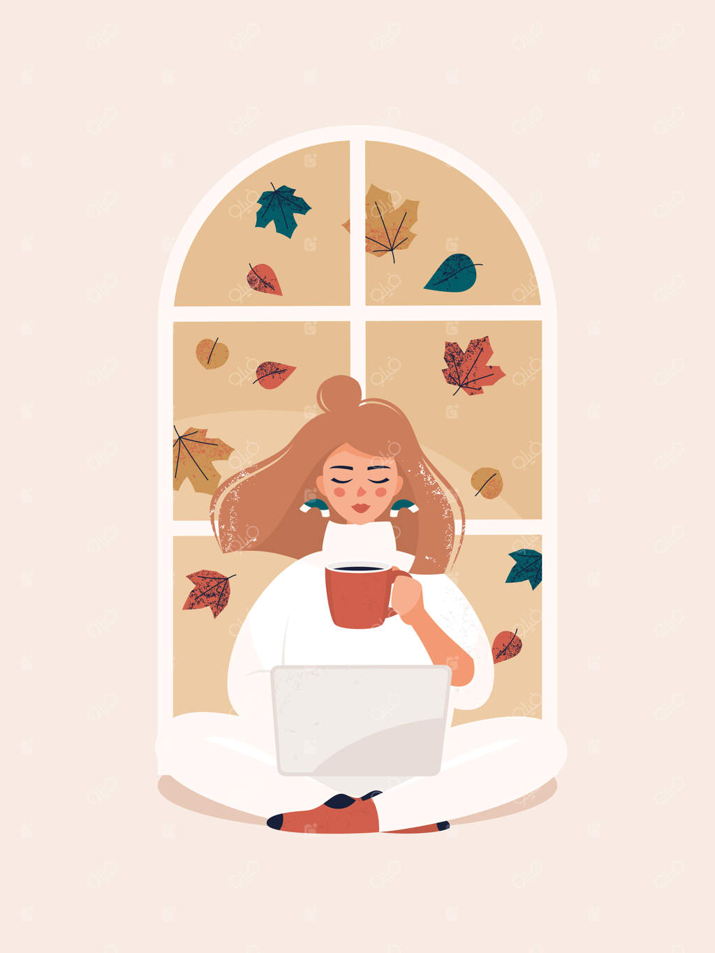 زن بلوند با فنجان در حال کار با لپ‌تاپ کنار پنجره