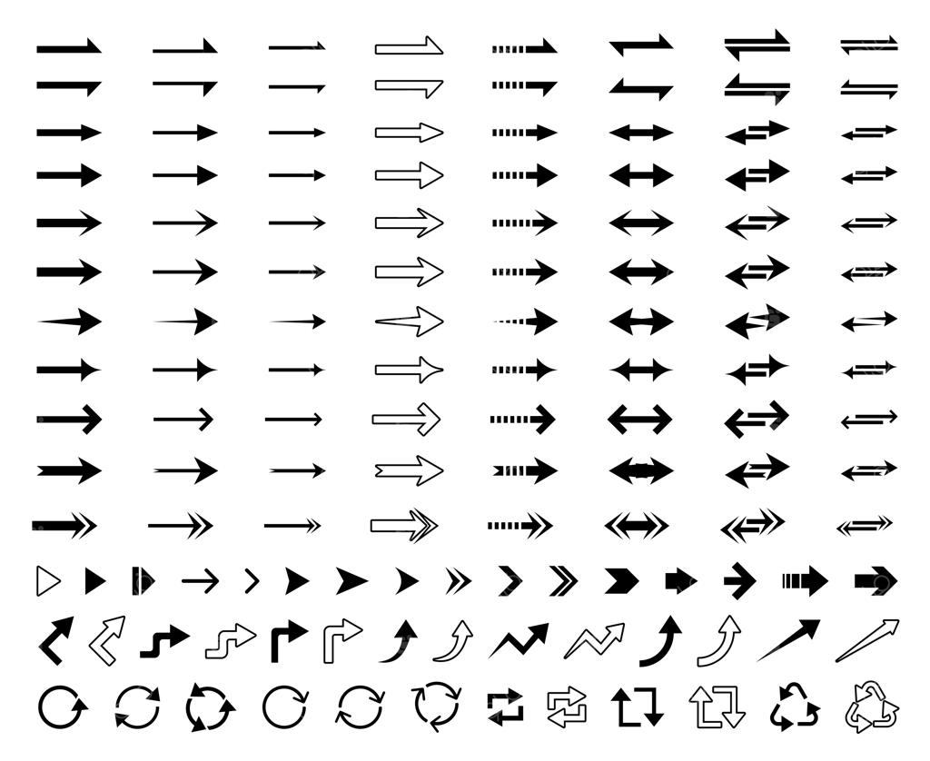 مجموعه آیکون و نمادهای مختلف فلش سیاه در پس‌زمینه سفید