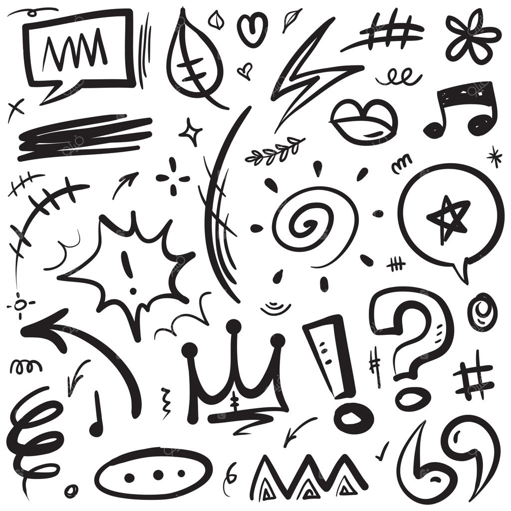 مجموعه‌ای از نقاشی‌های دستی کارتونی: علائم احساسی، پیکان‌های جهت‌دار، افکت‌های شکلک، نمادهای احساسی شخصیت‌های کارتونی، و طرح‌های تزیینی زیبا